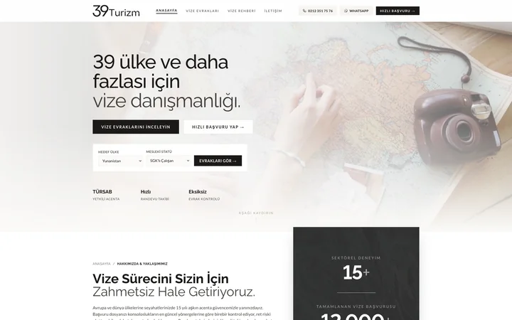 39 Turizm için hazırlanan web sitesinin ana sayfası
